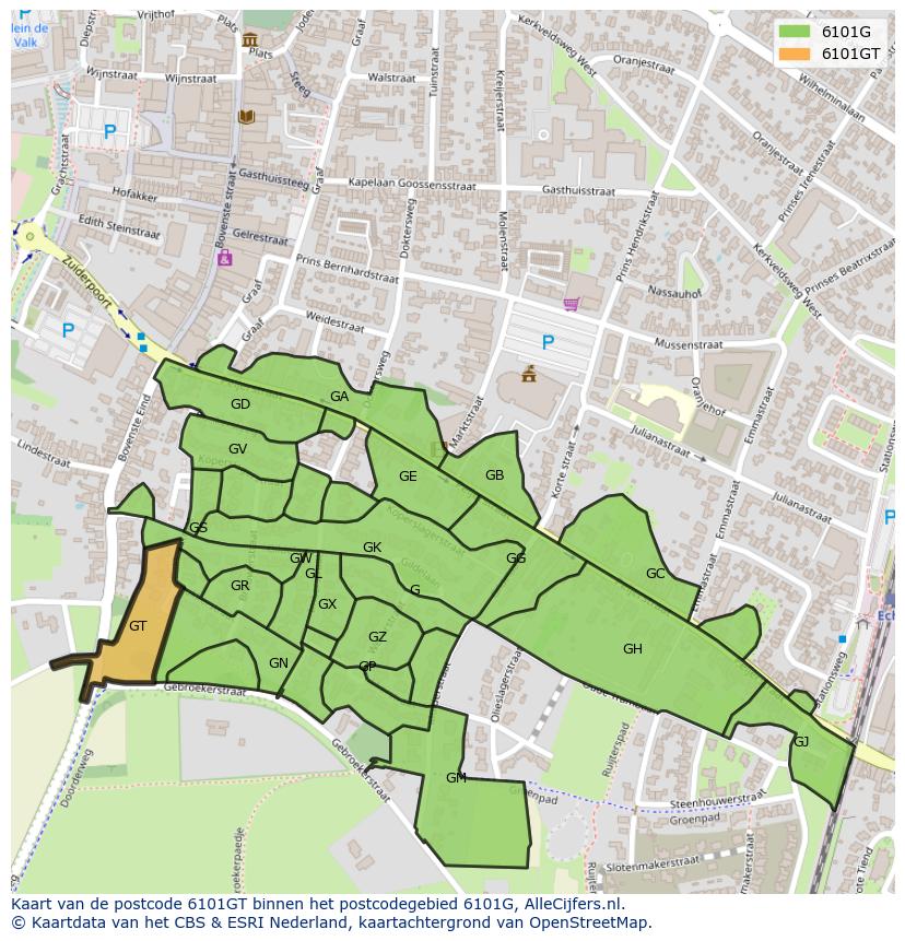 Afbeelding van het postcodegebied 6101 GT op de kaart.