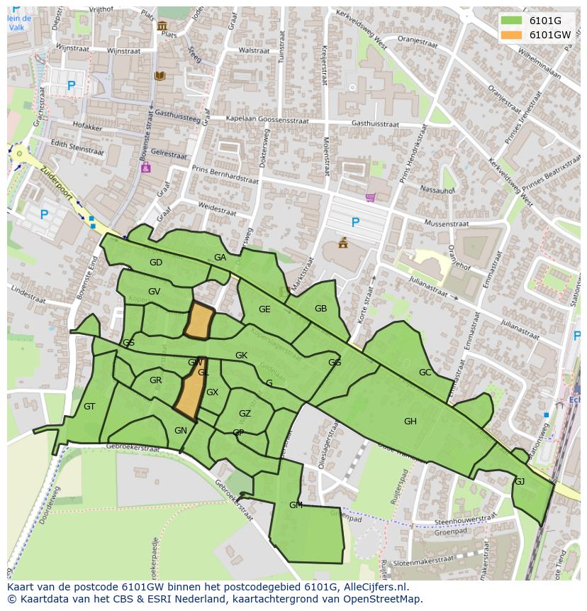Afbeelding van het postcodegebied 6101 GW op de kaart.