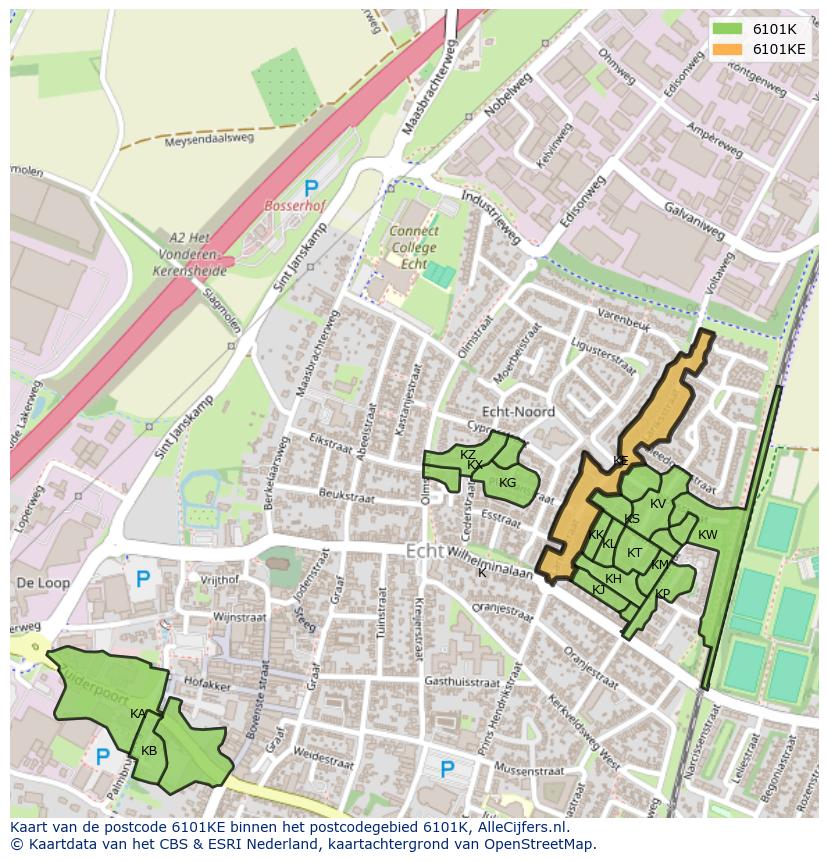 Afbeelding van het postcodegebied 6101 KE op de kaart.