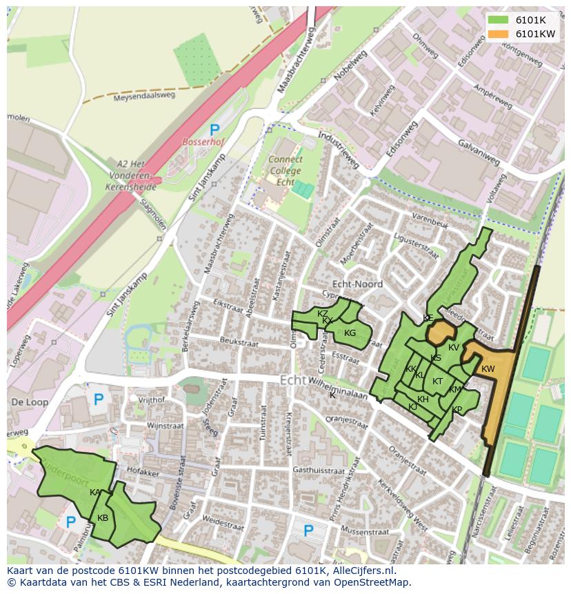 Afbeelding van het postcodegebied 6101 KW op de kaart.