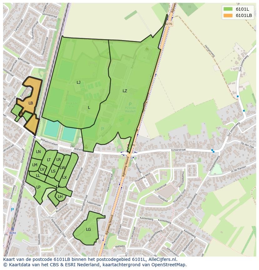 Afbeelding van het postcodegebied 6101 LB op de kaart.
