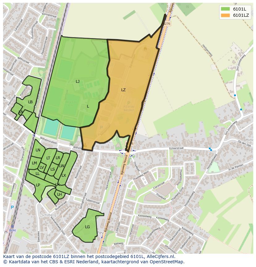 Afbeelding van het postcodegebied 6101 LZ op de kaart.