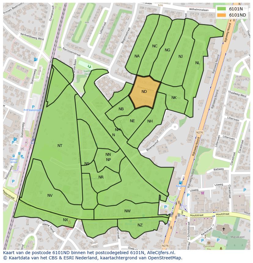 Afbeelding van het postcodegebied 6101 ND op de kaart.