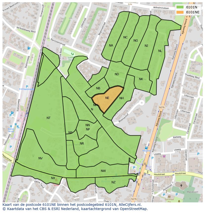 Afbeelding van het postcodegebied 6101 NE op de kaart.