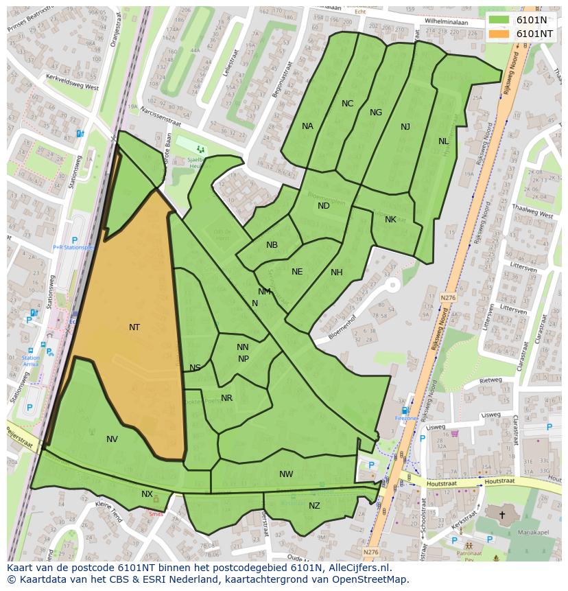 Afbeelding van het postcodegebied 6101 NT op de kaart.