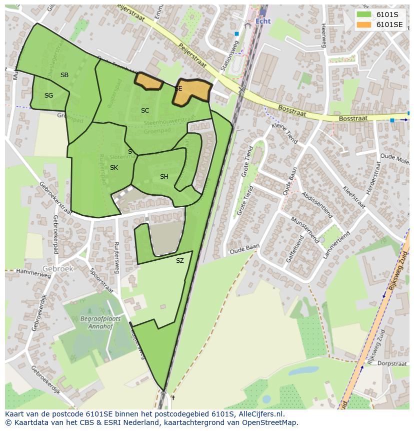 Afbeelding van het postcodegebied 6101 SE op de kaart.