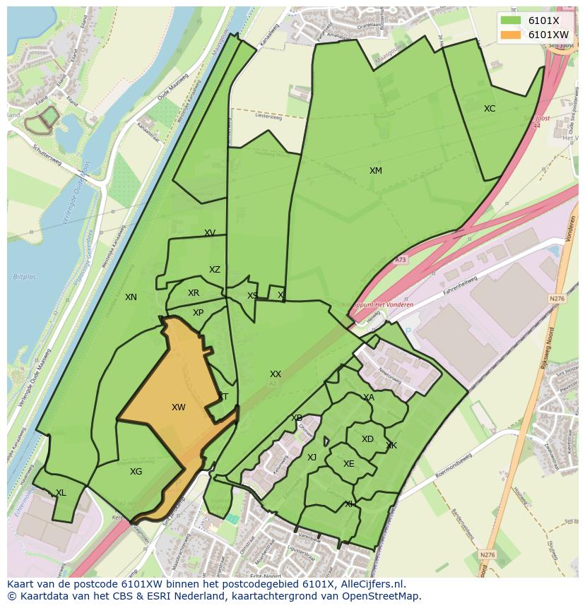 Afbeelding van het postcodegebied 6101 XW op de kaart.
