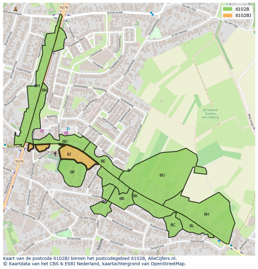 Afbeelding van het postcodegebied 6102 BJ op de kaart.