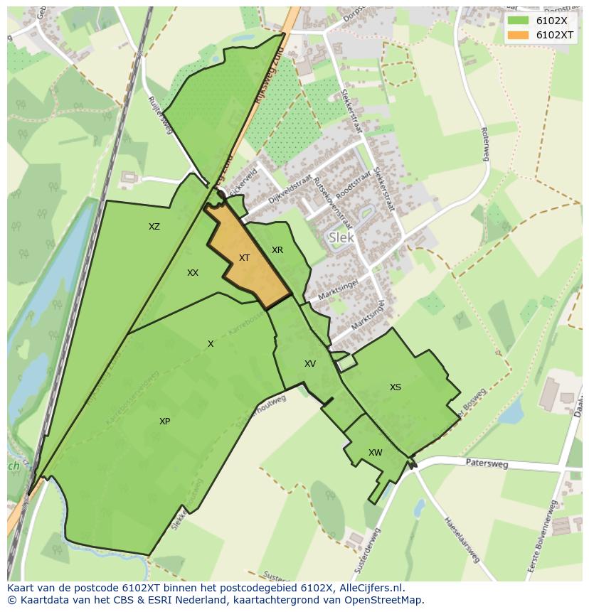 Afbeelding van het postcodegebied 6102 XT op de kaart.