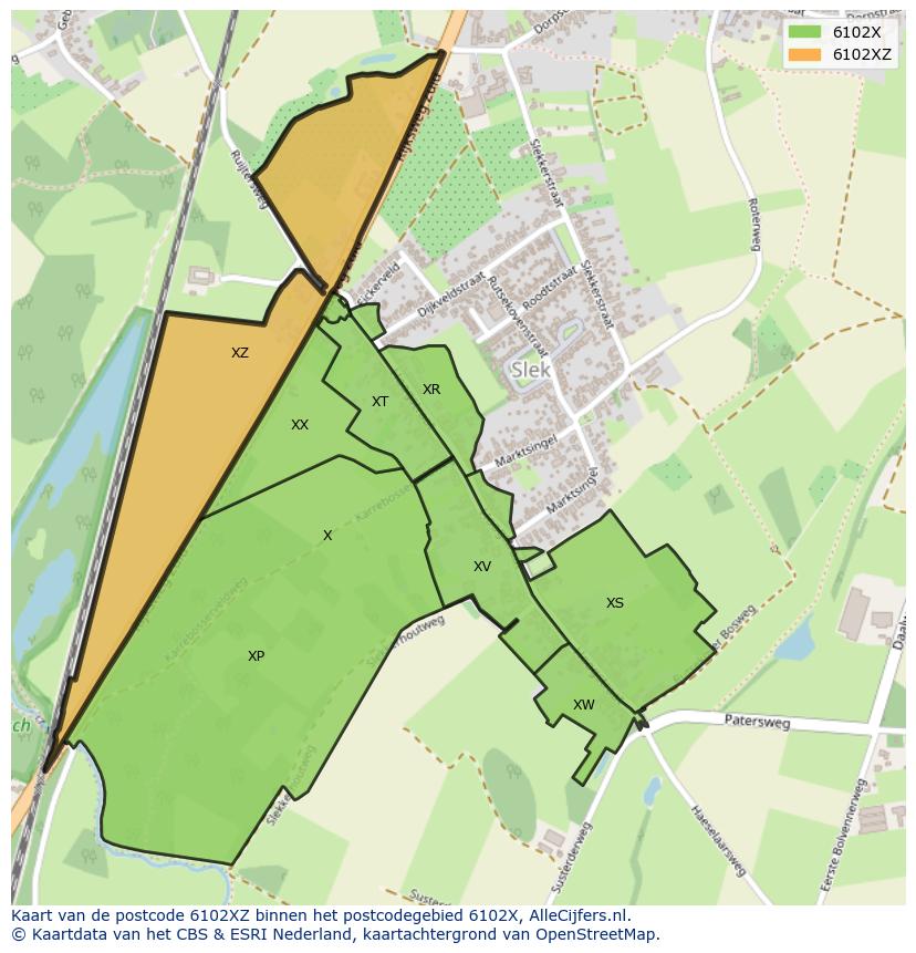 Afbeelding van het postcodegebied 6102 XZ op de kaart.