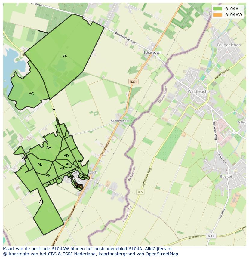 Afbeelding van het postcodegebied 6104 AW op de kaart.