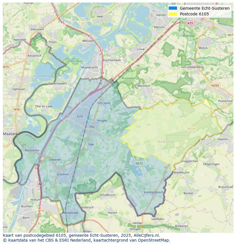 Afbeelding van het postcodegebied 6105 op de kaart.