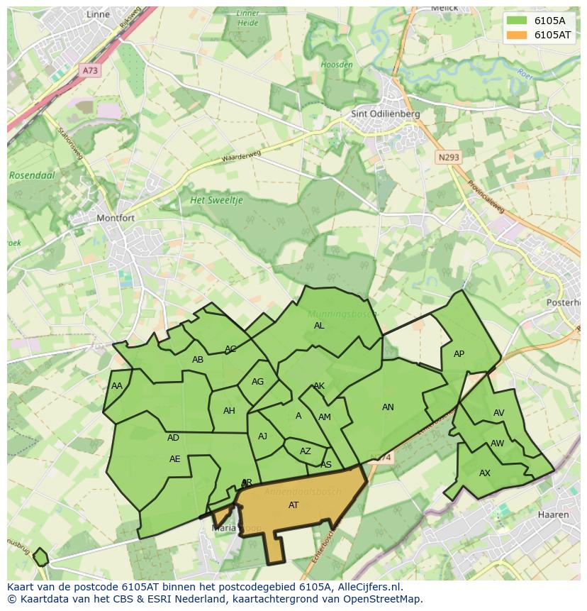 Afbeelding van het postcodegebied 6105 AT op de kaart.
