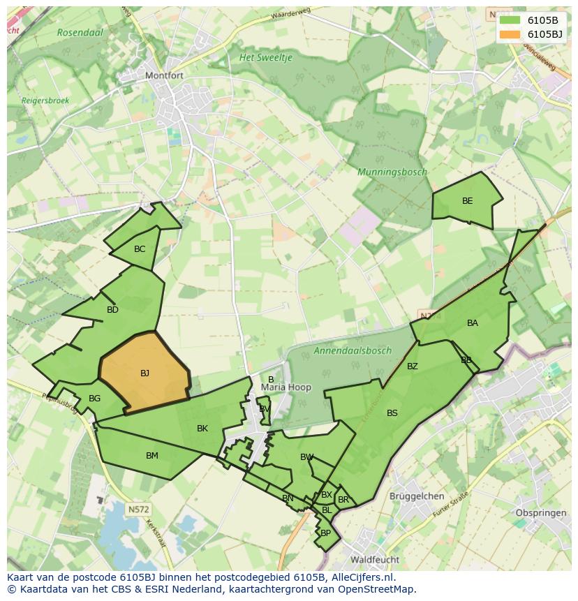 Afbeelding van het postcodegebied 6105 BJ op de kaart.