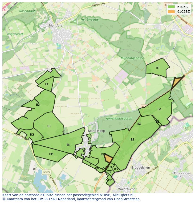 Afbeelding van het postcodegebied 6105 BZ op de kaart.