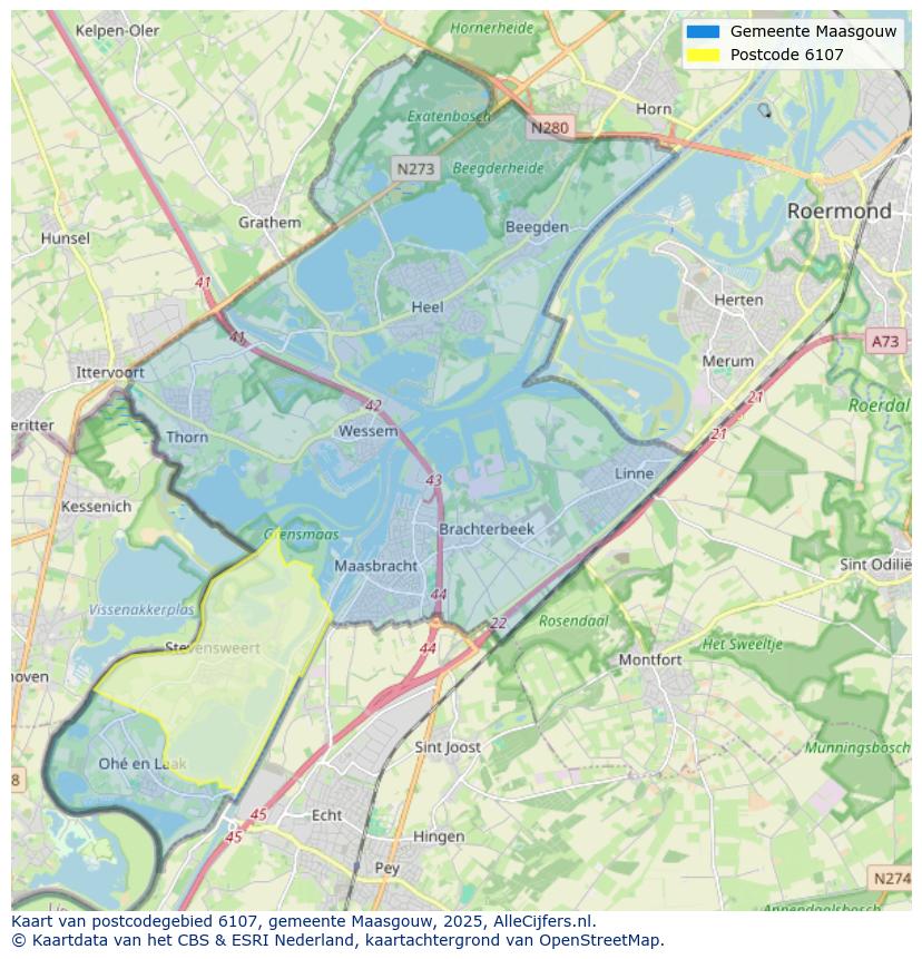 Afbeelding van het postcodegebied 6107 op de kaart.