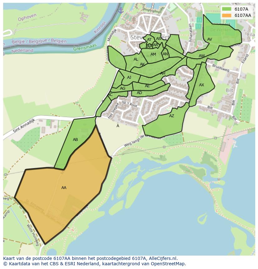 Afbeelding van het postcodegebied 6107 AA op de kaart.