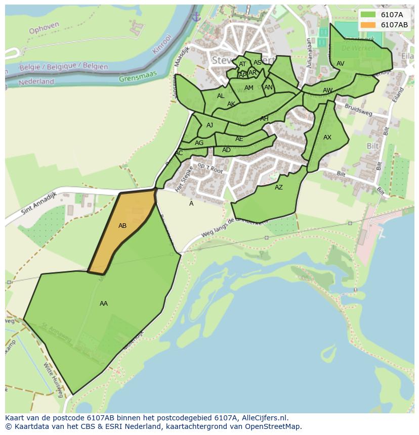 Afbeelding van het postcodegebied 6107 AB op de kaart.