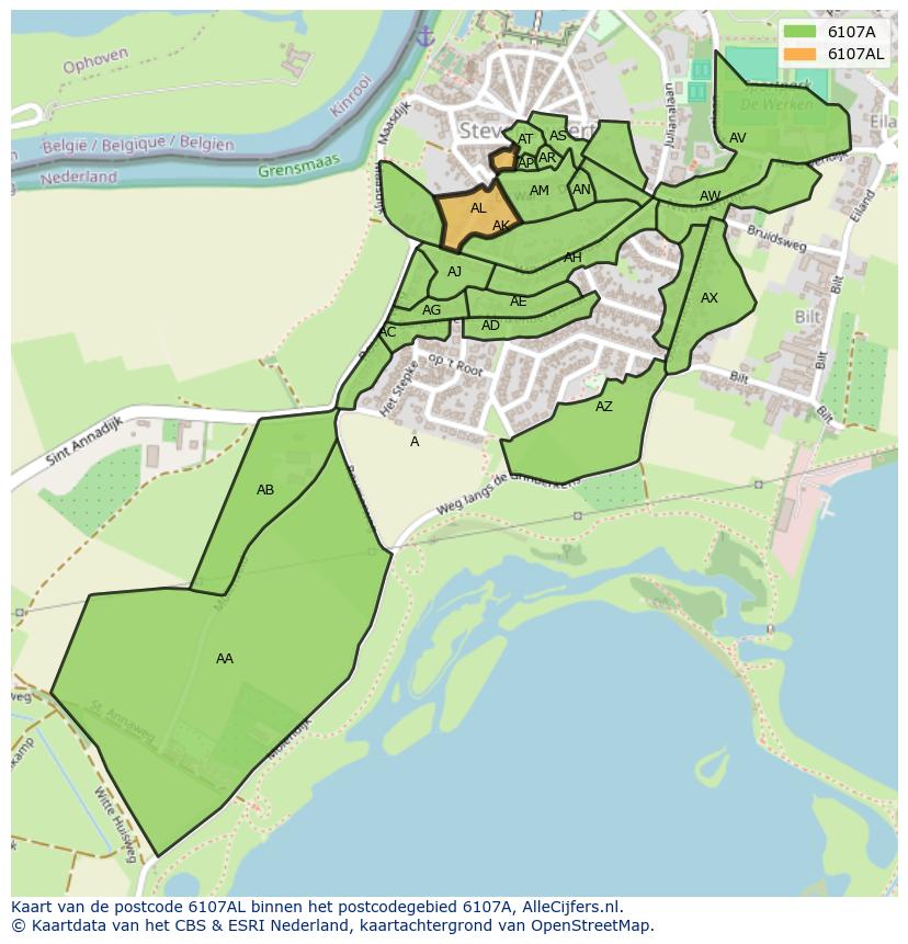 Afbeelding van het postcodegebied 6107 AL op de kaart.