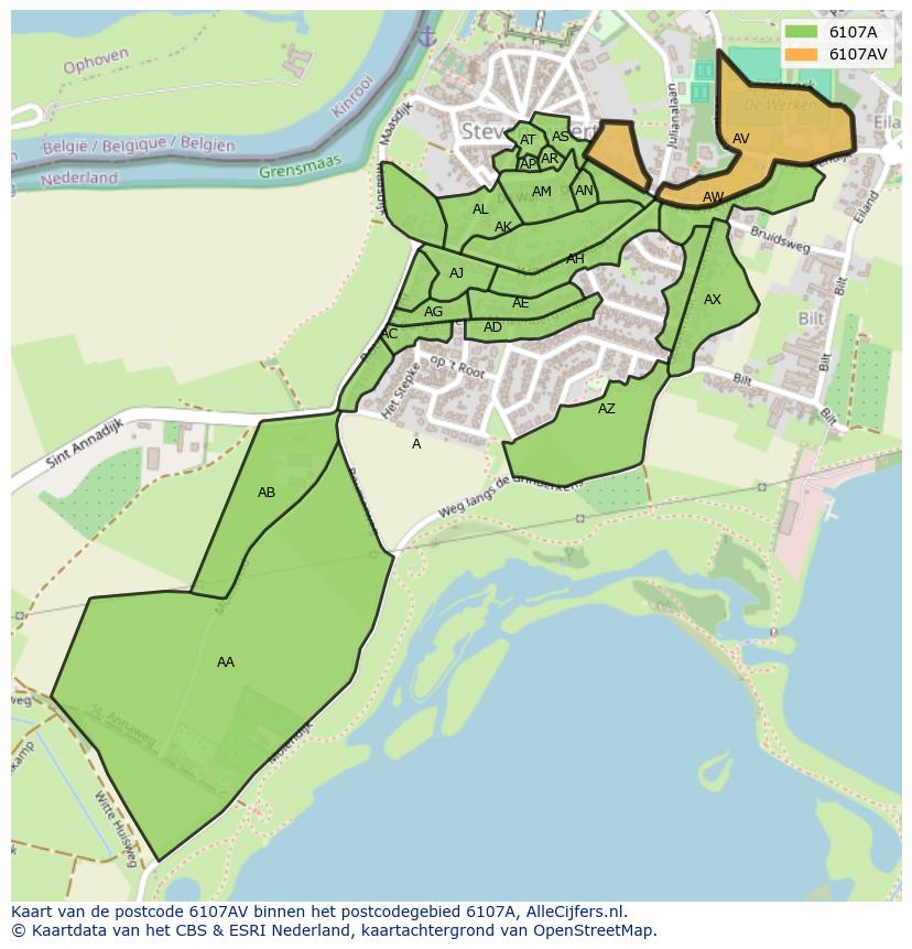 Afbeelding van het postcodegebied 6107 AV op de kaart.