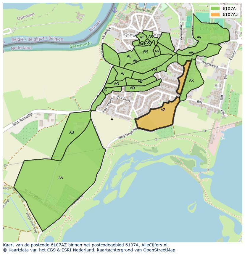 Afbeelding van het postcodegebied 6107 AZ op de kaart.