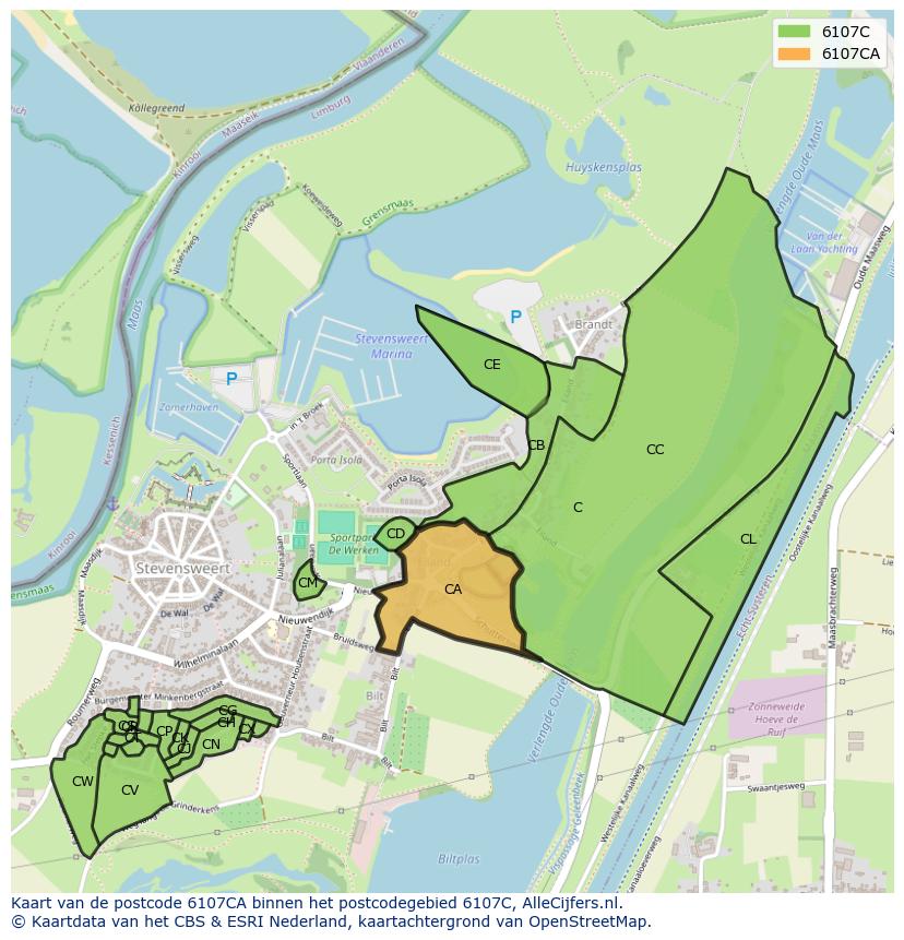 Afbeelding van het postcodegebied 6107 CA op de kaart.