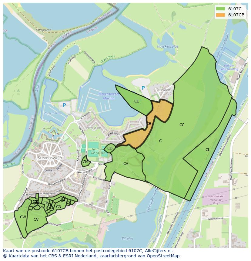Afbeelding van het postcodegebied 6107 CB op de kaart.