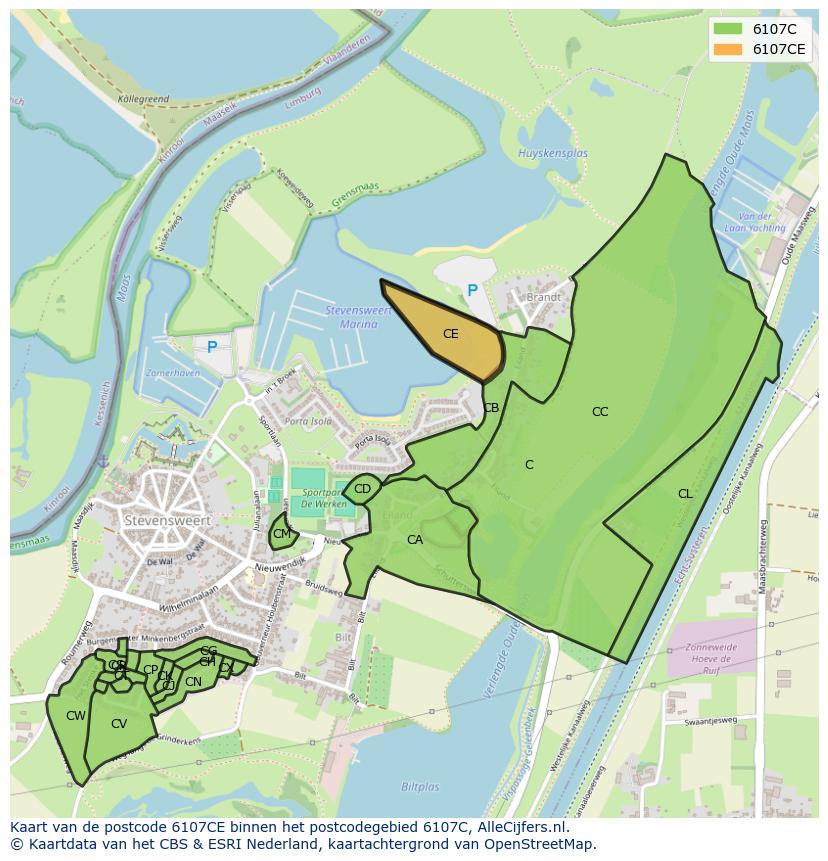 Afbeelding van het postcodegebied 6107 CE op de kaart.