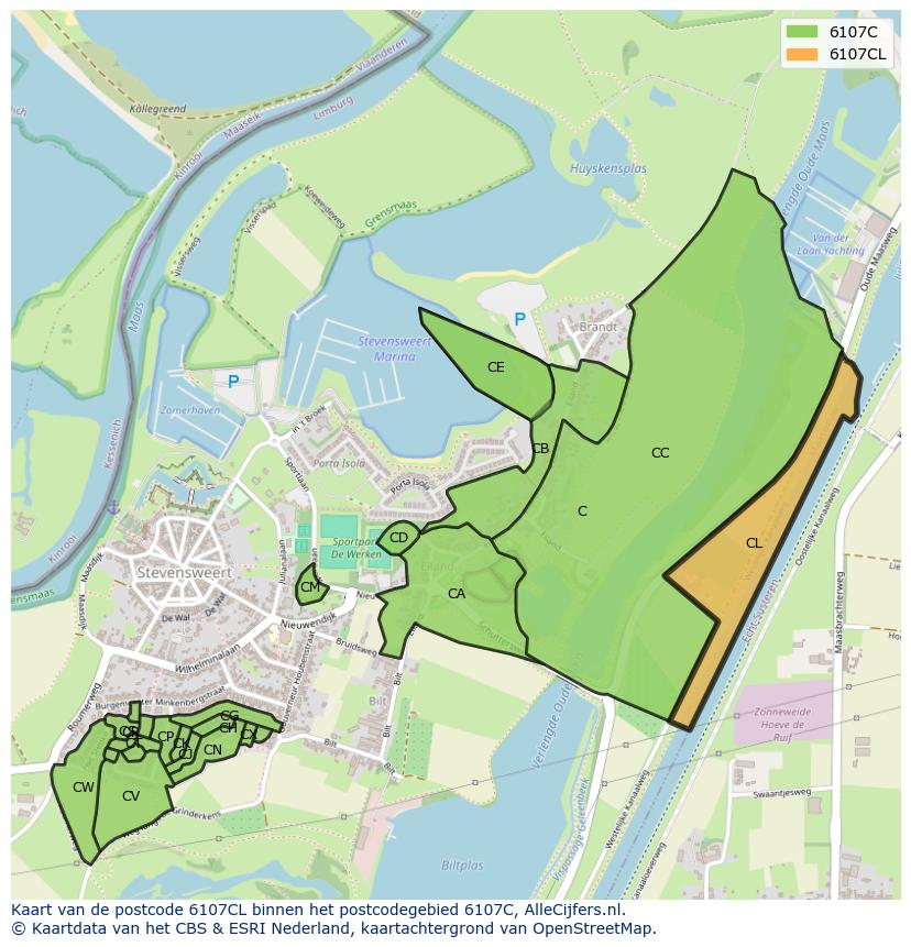 Afbeelding van het postcodegebied 6107 CL op de kaart.