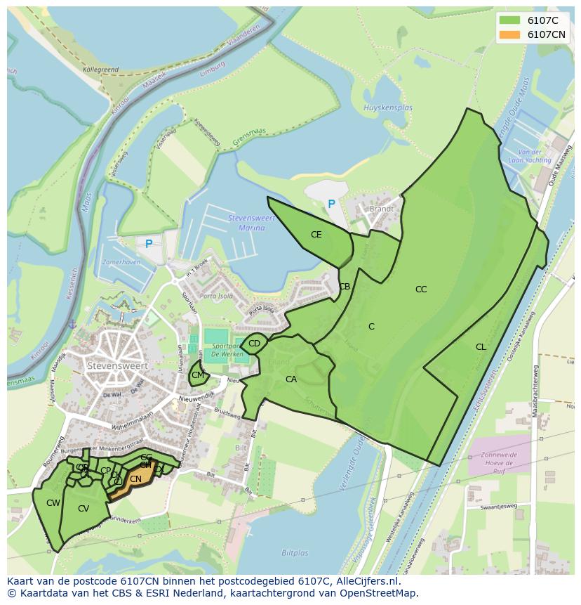 Afbeelding van het postcodegebied 6107 CN op de kaart.