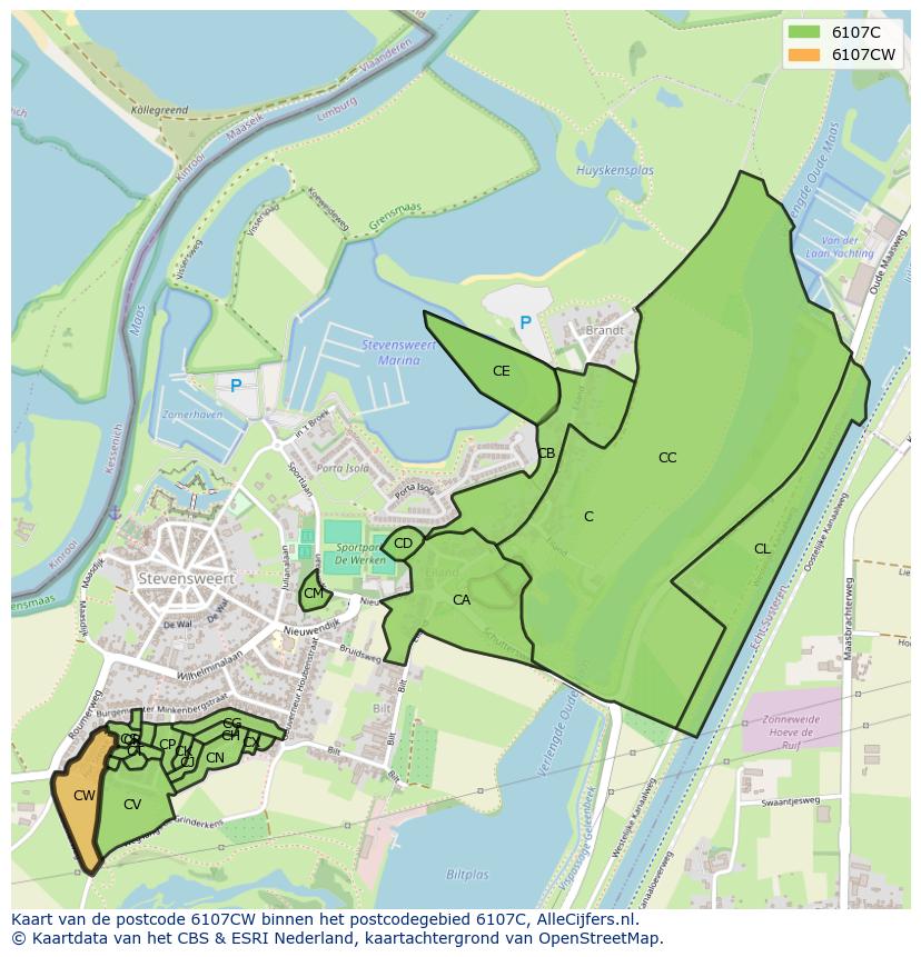 Afbeelding van het postcodegebied 6107 CW op de kaart.