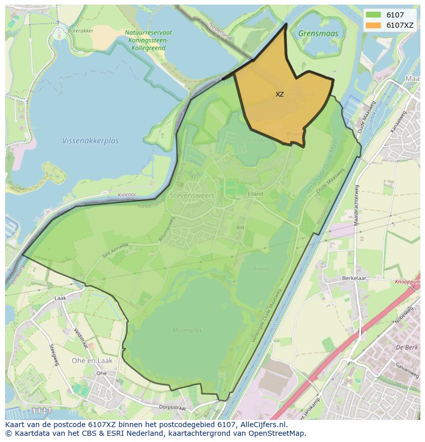 Afbeelding van het postcodegebied 6107 XZ op de kaart.