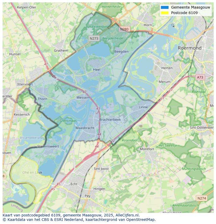Afbeelding van het postcodegebied 6109 op de kaart.