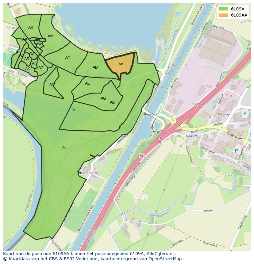 Afbeelding van het postcodegebied 6109 AA op de kaart.
