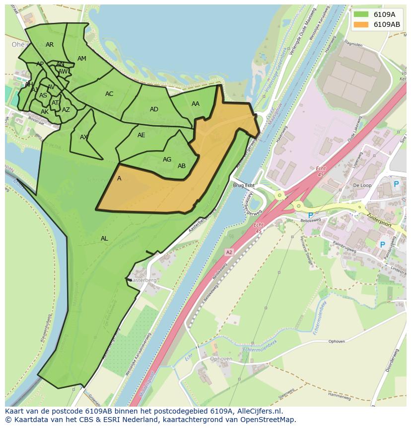 Afbeelding van het postcodegebied 6109 AB op de kaart.
