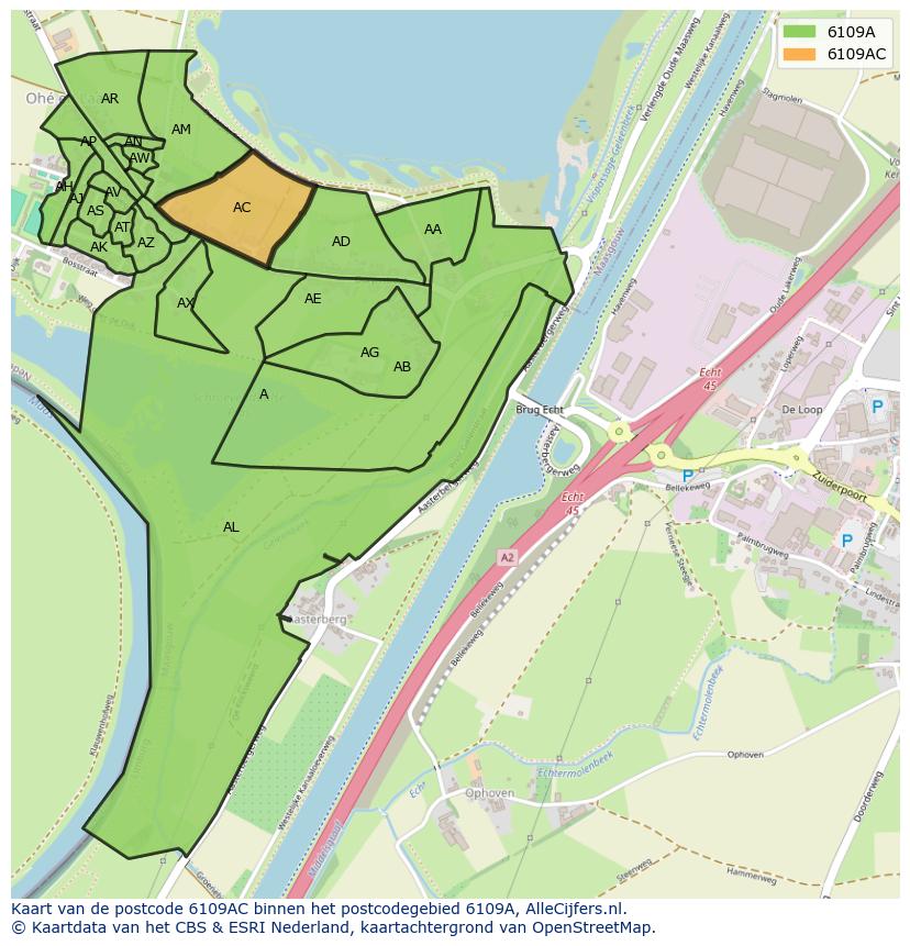 Afbeelding van het postcodegebied 6109 AC op de kaart.