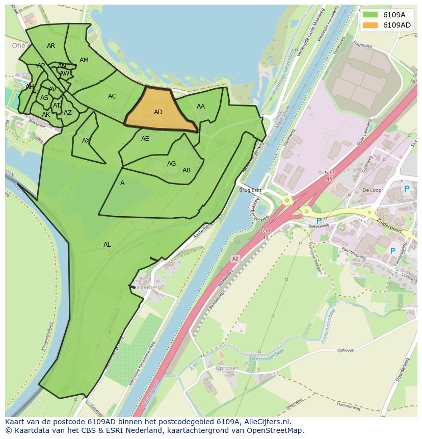 Afbeelding van het postcodegebied 6109 AD op de kaart.