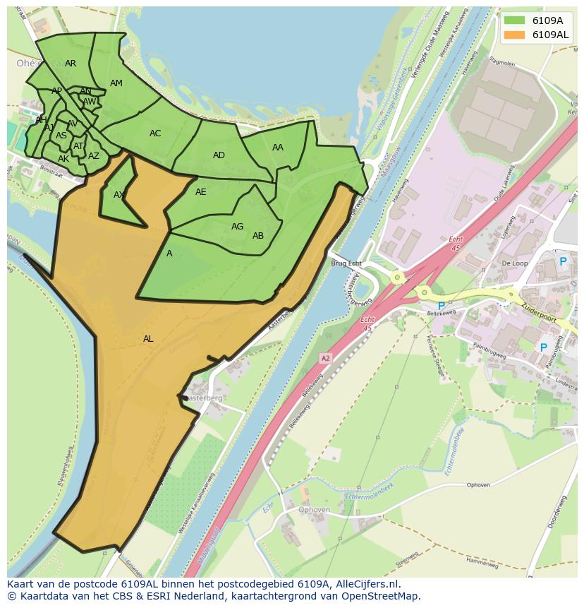 Afbeelding van het postcodegebied 6109 AL op de kaart.