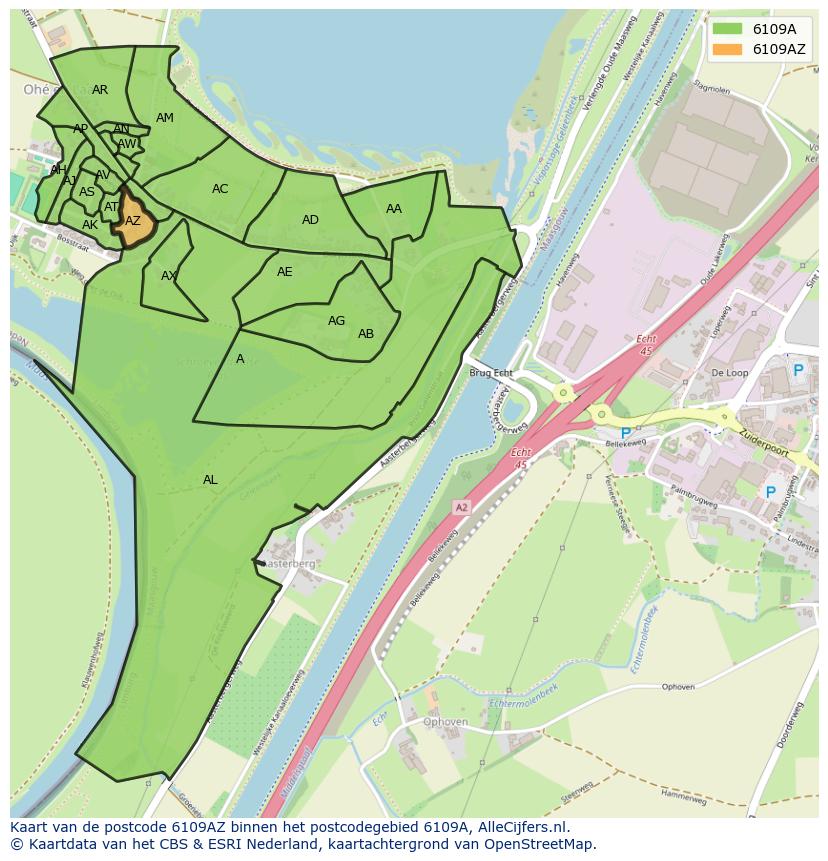 Afbeelding van het postcodegebied 6109 AZ op de kaart.