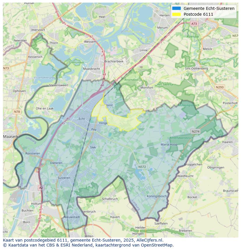 Afbeelding van het postcodegebied 6111 op de kaart.