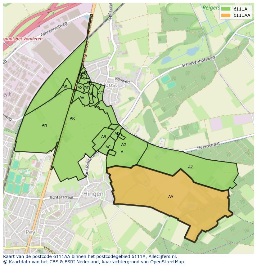Afbeelding van het postcodegebied 6111 AA op de kaart.