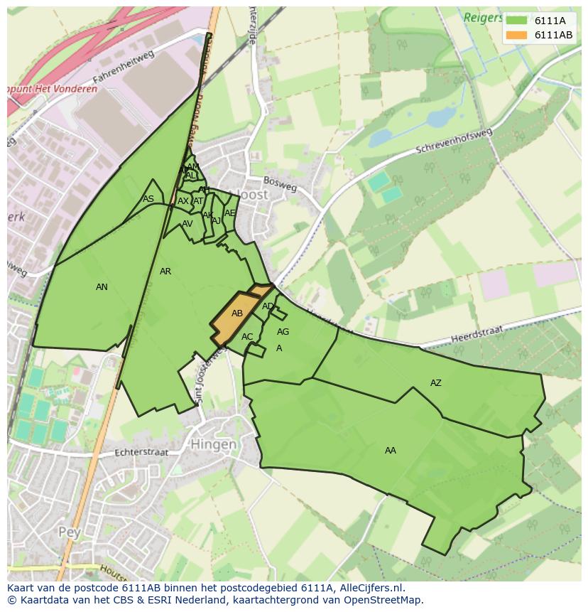 Afbeelding van het postcodegebied 6111 AB op de kaart.