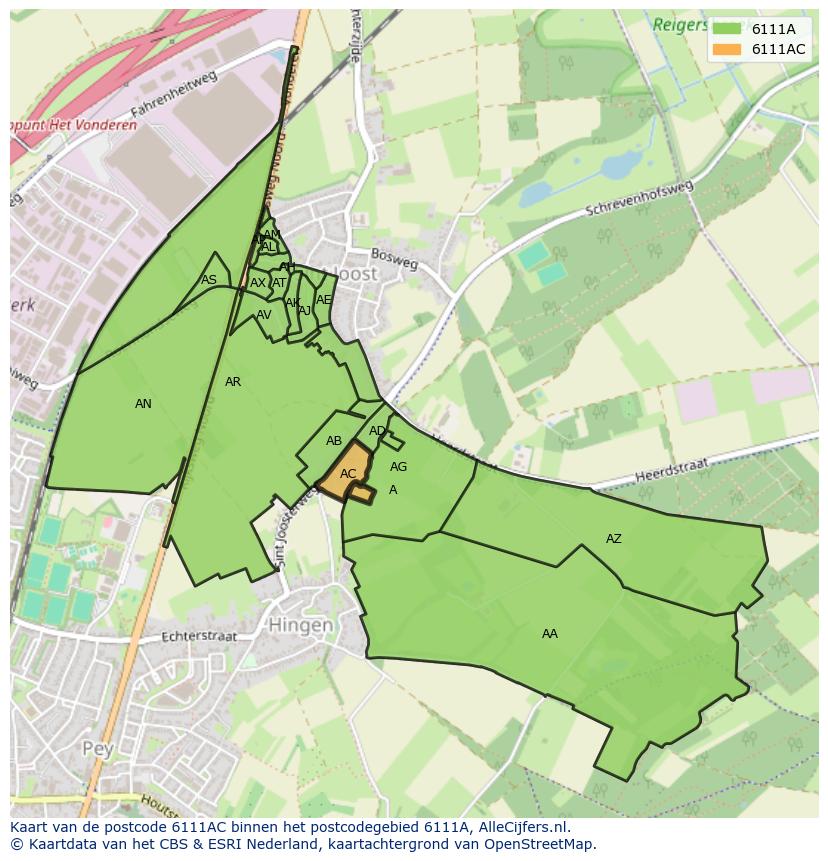 Afbeelding van het postcodegebied 6111 AC op de kaart.