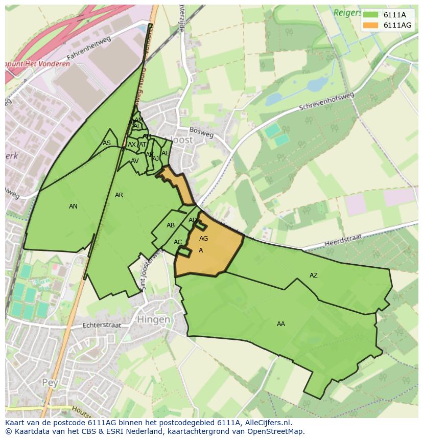 Afbeelding van het postcodegebied 6111 AG op de kaart.