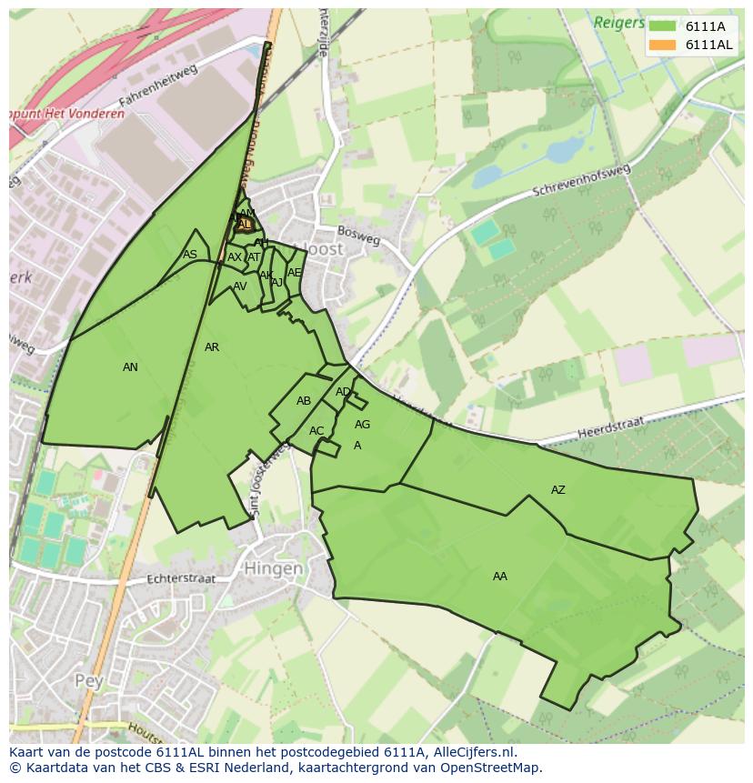Afbeelding van het postcodegebied 6111 AL op de kaart.