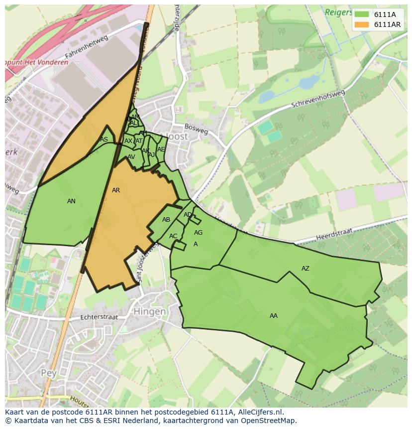 Afbeelding van het postcodegebied 6111 AR op de kaart.