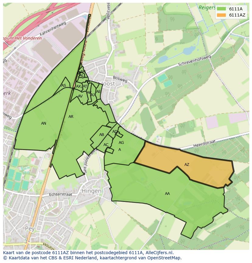 Afbeelding van het postcodegebied 6111 AZ op de kaart.