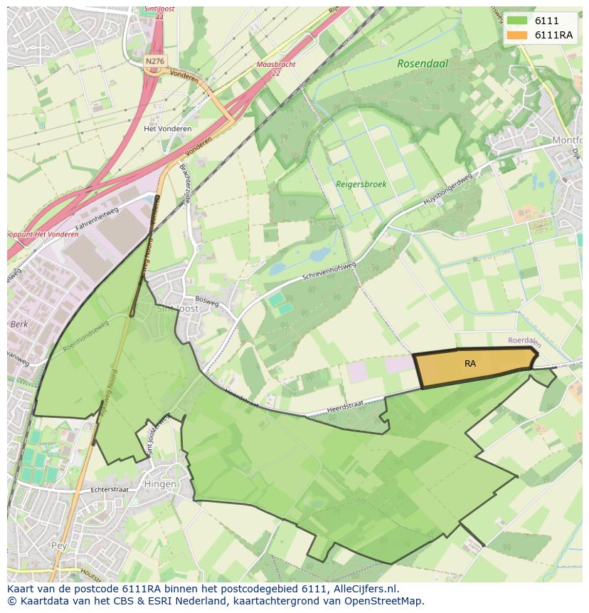 Afbeelding van het postcodegebied 6111 RA op de kaart.