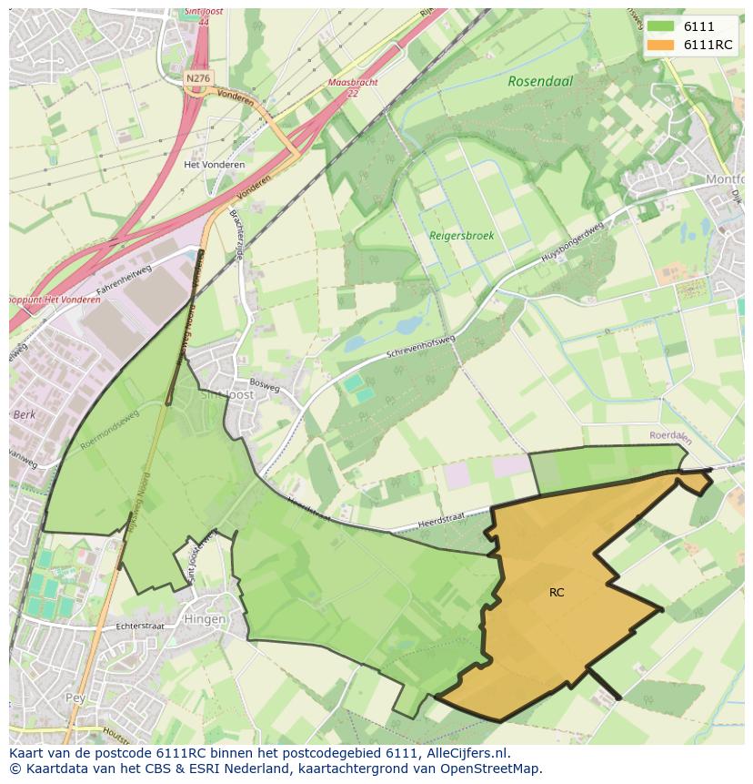 Afbeelding van het postcodegebied 6111 RC op de kaart.