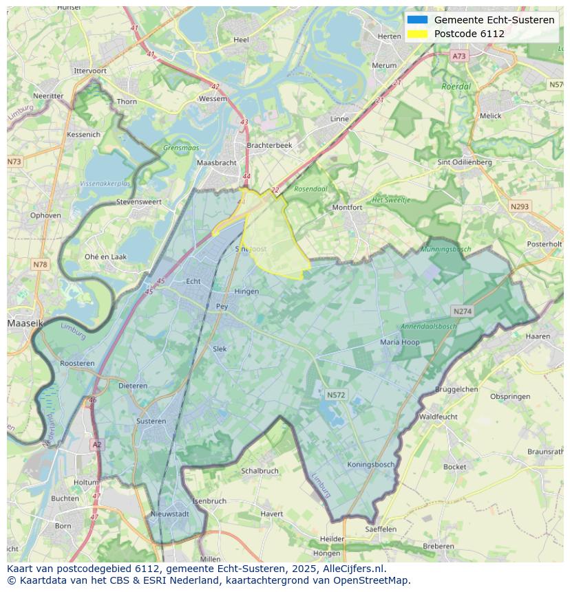 Afbeelding van het postcodegebied 6112 op de kaart.